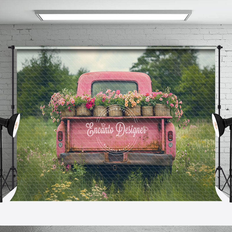 Aperturee - Aperturee Natural Spring Field Pink Truck Floral Backdrop