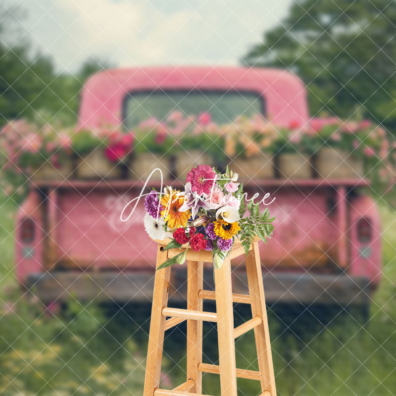 Aperturee - Aperturee Natural Spring Field Pink Truck Floral Backdrop