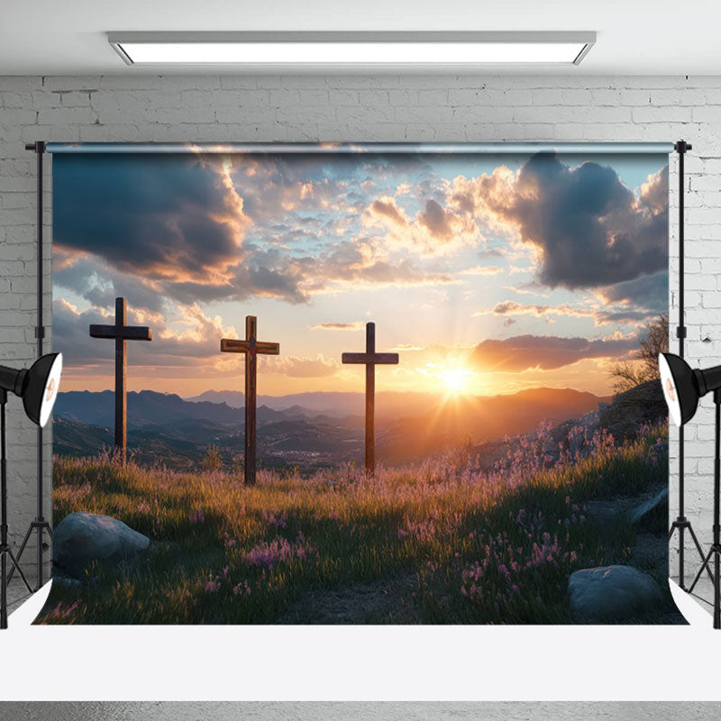 Aperturee - Aperturee Natural Sunset Sky Cloud Cross Field Easter Backdrop