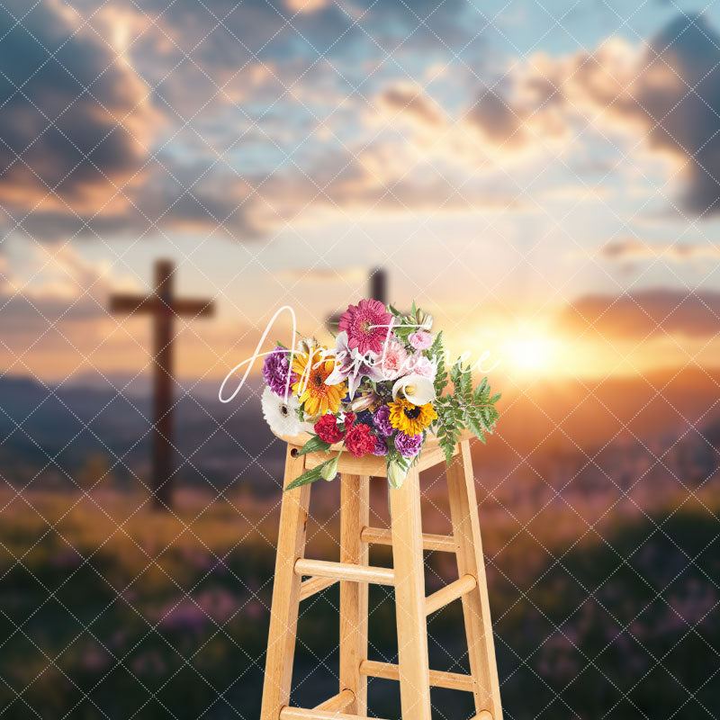 Aperturee - Aperturee Natural Sunset Sky Cloud Cross Field Easter Backdrop