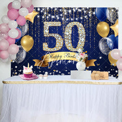 Aperturee - Aperturee Navy Blue Balloons Glitter 50Th Birthday Backdrop