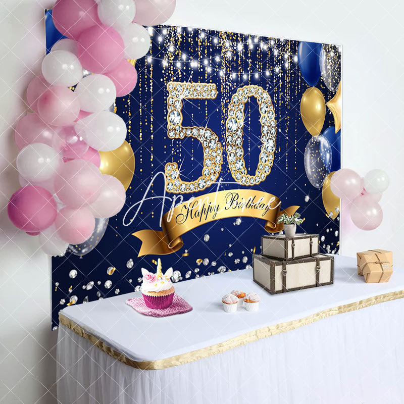 Aperturee - Aperturee Navy Blue Balloons Glitter 50Th Birthday Backdrop