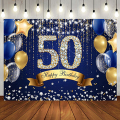 Aperturee - Aperturee Navy Blue Balloons Glitter 50Th Birthday Backdrop