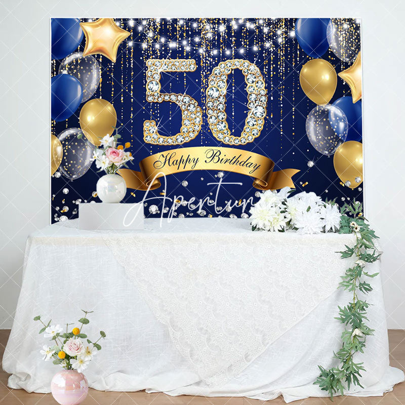 Aperturee - Aperturee Navy Blue Balloons Glitter 50Th Birthday Backdrop