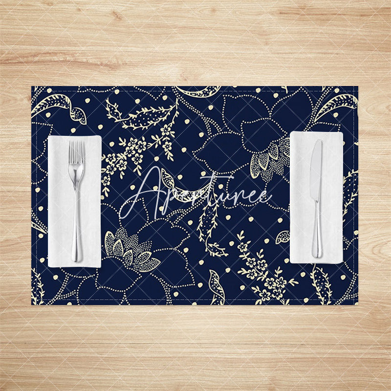 Aperturee - Aperturee Navy Blue Beige Lines Floral Set Of 4 Placemats