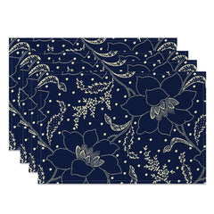 Aperturee - Aperturee Navy Blue Beige Lines Floral Set Of 4 Placemats