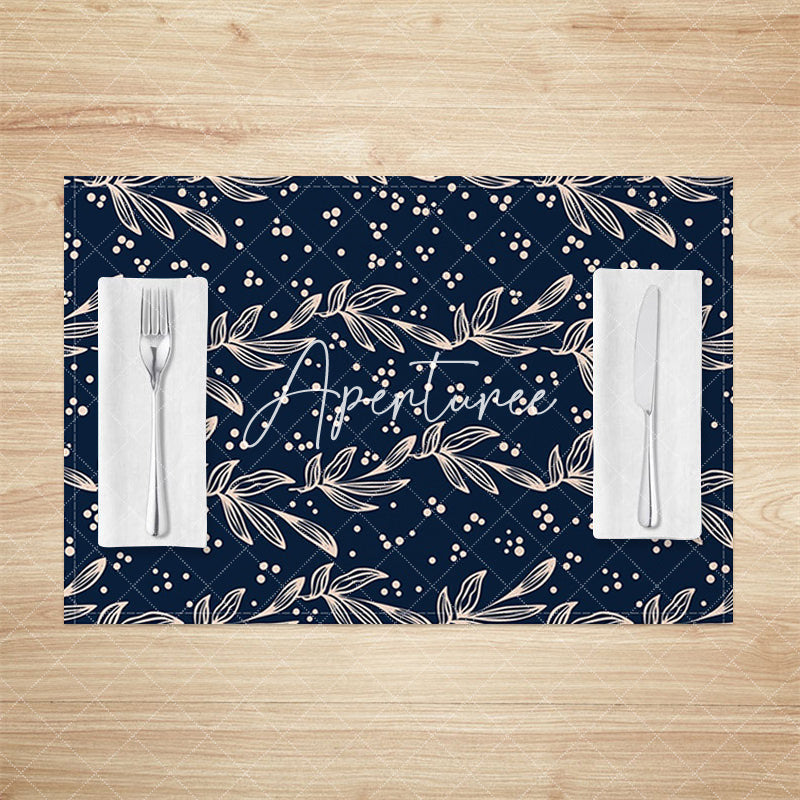 Aperturee - Aperturee Navy Blue Beige Plant Leaves Dots Set Of 4 Placemats