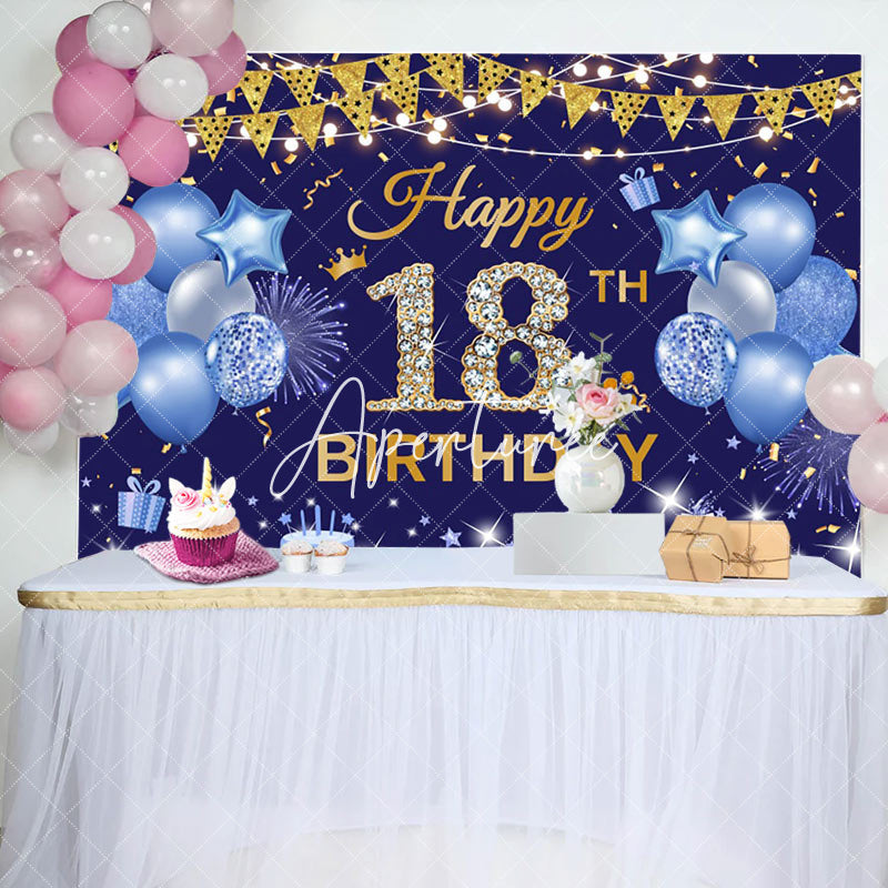 Aperturee - Aperturee Navy Blue Gold Flag Balloon 18TH Birthday Backdrop