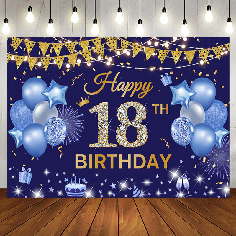 Aperturee - Aperturee Navy Blue Gold Flag Balloon 18TH Birthday Backdrop