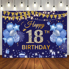 Aperturee - Aperturee Navy Blue Gold Flag Balloon 18TH Birthday Backdrop