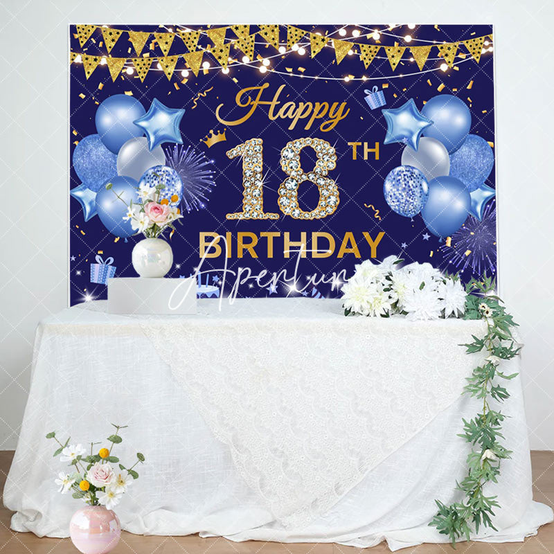 Aperturee - Aperturee Navy Blue Gold Flag Balloon 18TH Birthday Backdrop