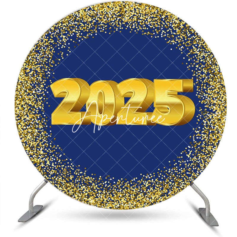 Aperturee - Aperturee Navy Blue Gold Glitter 2025 Round Graduation Backdrop