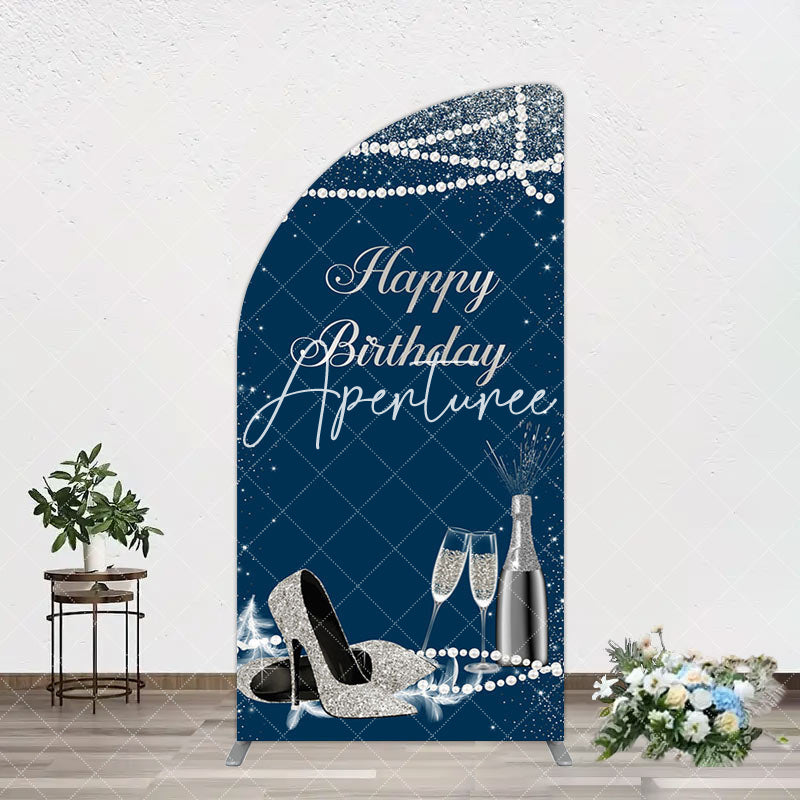 Aperturee - Aperturee Navy Blue Pearl Elegant Happy Birthday Arch Backdrop