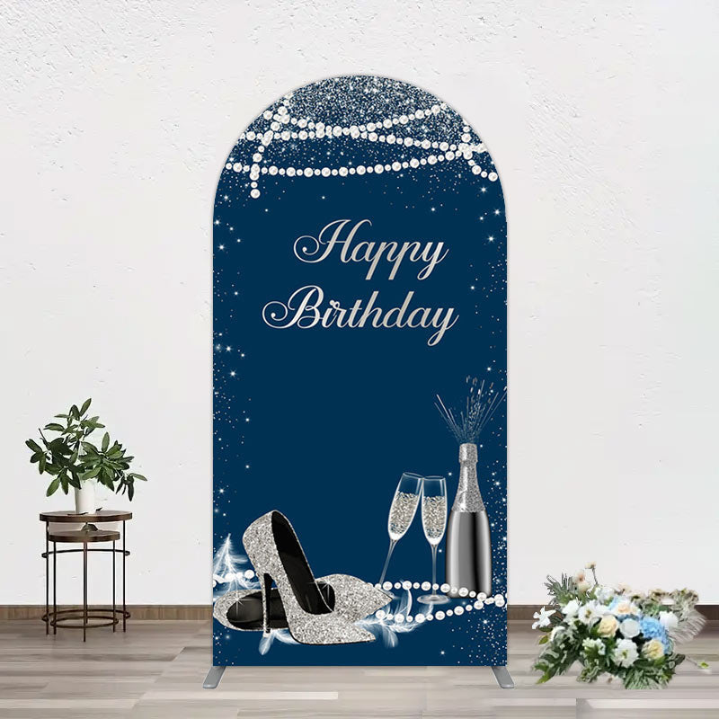 Aperturee - Aperturee Navy Blue Pearl Elegant Happy Birthday Arch Backdrop