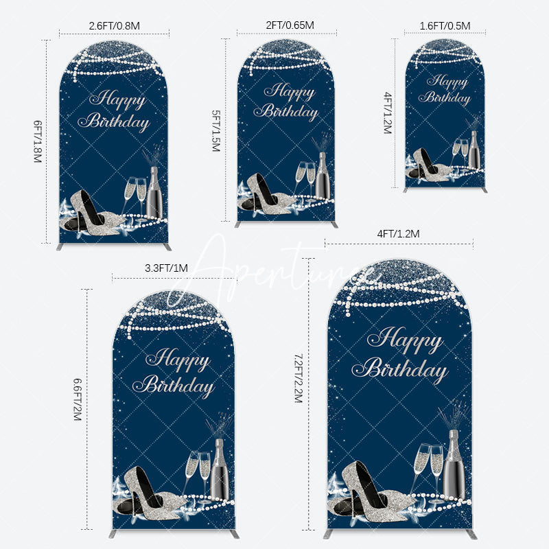 Aperturee - Aperturee Navy Blue Pearl Elegant Happy Birthday Arch Backdrop