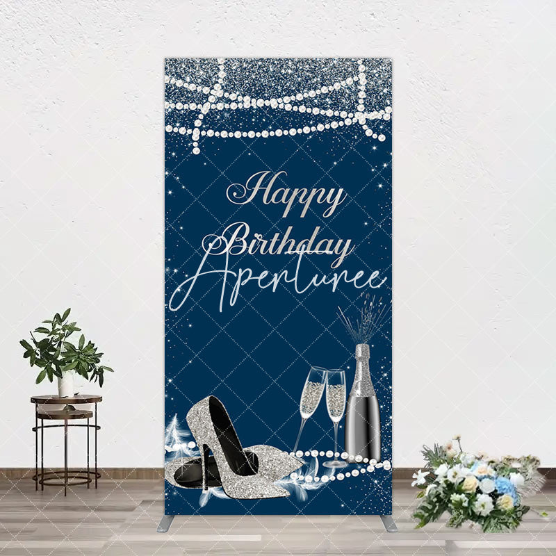 Aperturee - Aperturee Navy Blue Pearl Elegant Happy Birthday Arch Backdrop