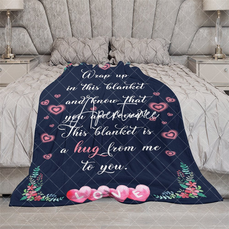 Aperturee - Aperturee Navy Blue Pink Hearts Romantic Custom Text Blanket