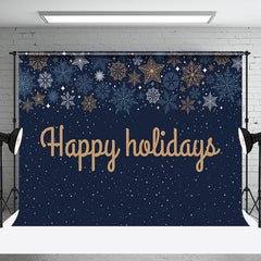 Aperturee - Aperturee Navy Blue Snowflake Gold Happy Holidays Backdrop