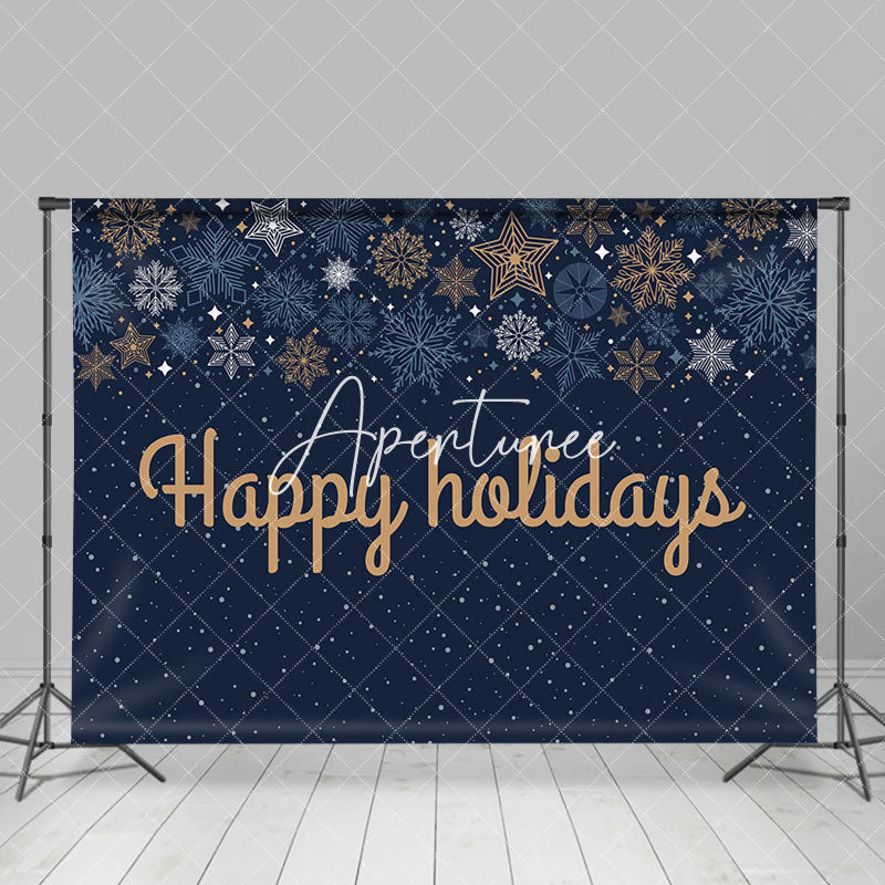 Aperturee - Aperturee Navy Blue Snowflake Gold Happy Holidays Backdrop