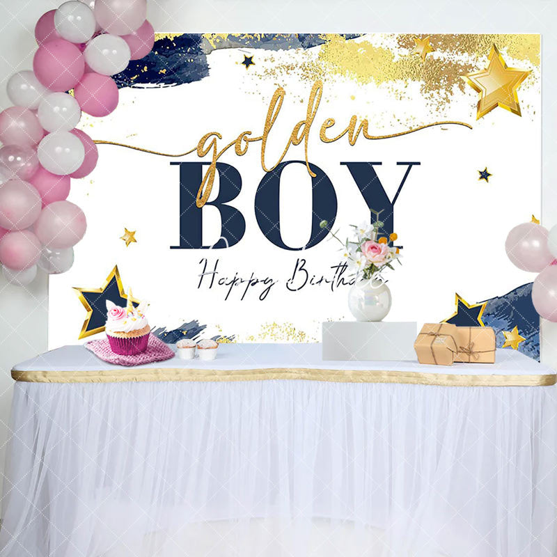 Aperturee - Aperturee Navy Blue Starry Golden Boy Happy Birthday Backdrop