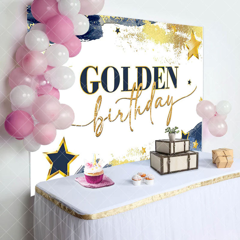 Aperturee - Aperturee Navy Blue Stars Golden Happy Birthday Party Backdrop