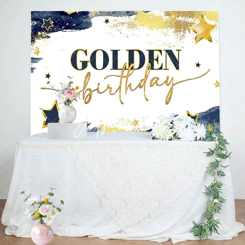 Aperturee - Aperturee Navy Blue Stars Golden Happy Birthday Party Backdrop