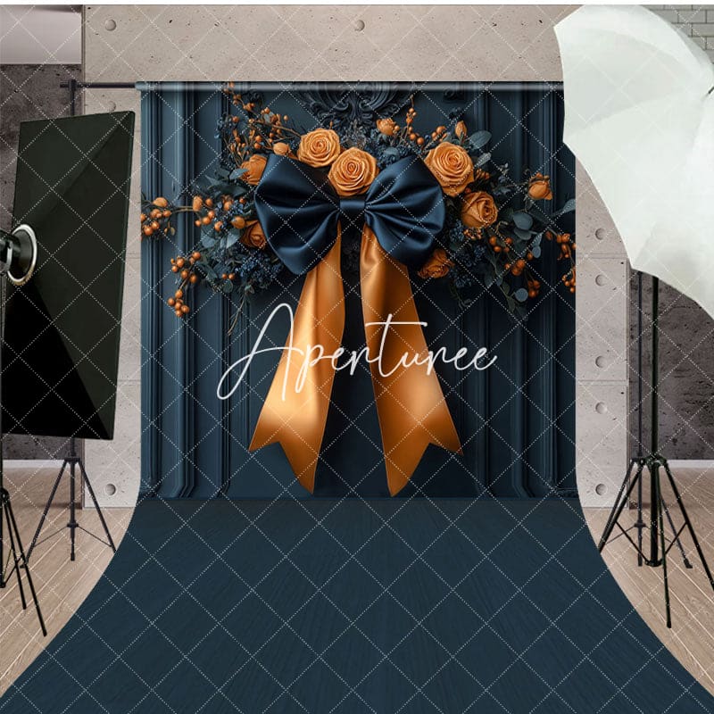 Aperturee - Aperturee Navy Blue Wall Orange Rose Bow Tie Wedding Backdrop