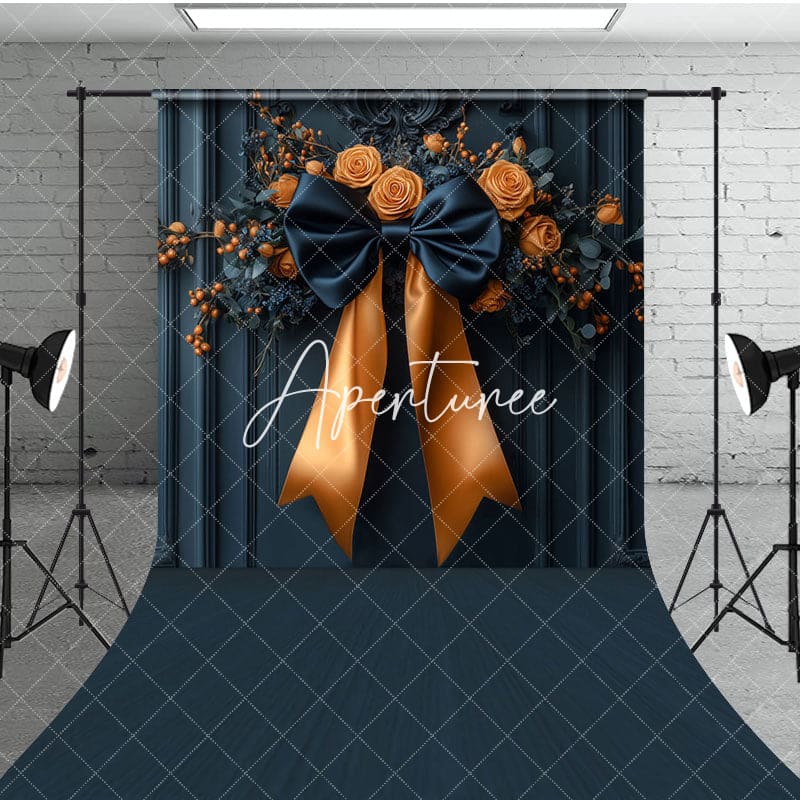 Aperturee - Aperturee Navy Blue Wall Orange Rose Bow Tie Wedding Backdrop