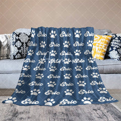 Aperturee - Aperturee Navy Blue White Paw Print Custom Name Pet Blanket