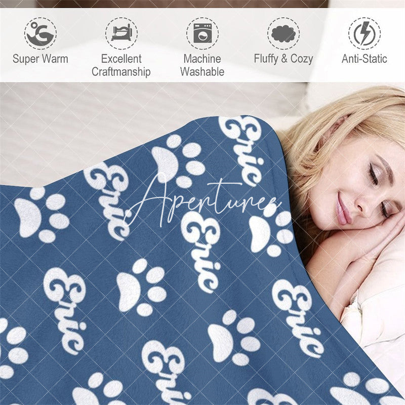 Aperturee - Aperturee Navy Blue White Paw Print Custom Name Pet Blanket