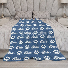 Aperturee - Aperturee Navy Blue White Paw Print Custom Name Pet Blanket