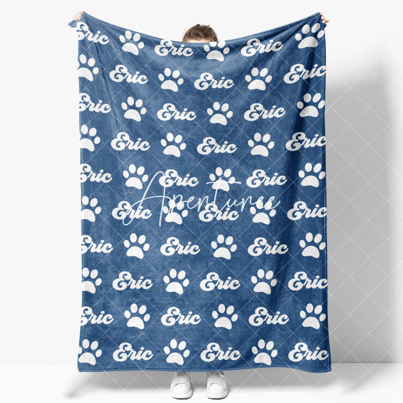 Aperturee - Aperturee Navy Blue White Paw Print Custom Name Pet Blanket