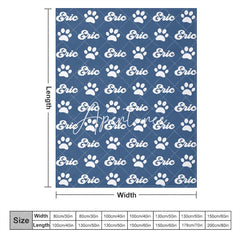 Aperturee - Aperturee Navy Blue White Paw Print Custom Name Pet Blanket