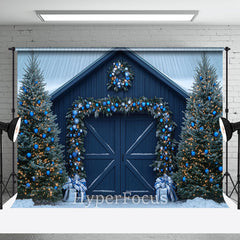 Aperturee - Aperturee Navy Blue Wood Door Festive Christmas Photo Backdrop