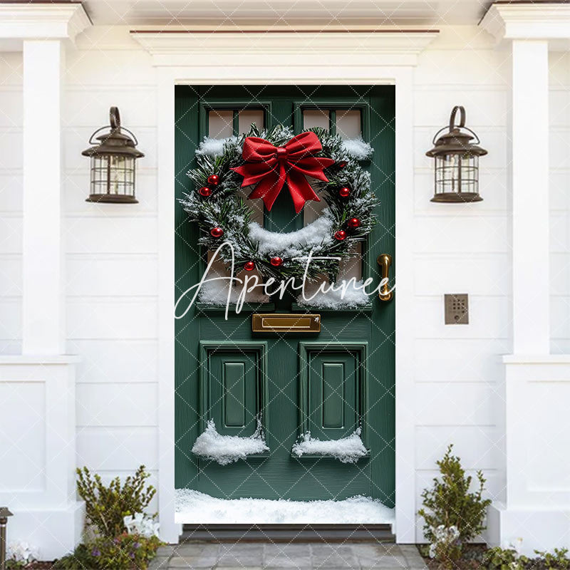 Aperturee - Aperturee Navy Gold Door Poinsettia Wreath Festive Door Cover