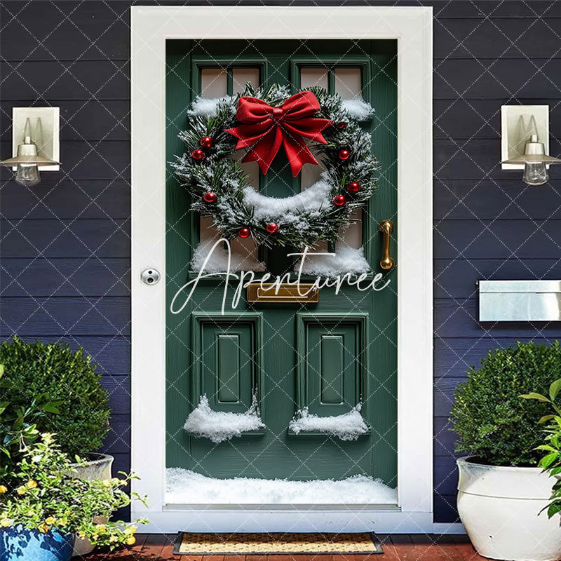 Aperturee - Aperturee Navy Gold Door Poinsettia Wreath Festive Door Cover