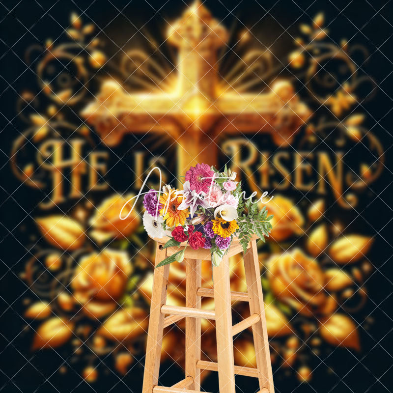 Aperturee - Aperturee Navy Gold Luxury Cross Floral Easter Photo Backdrop