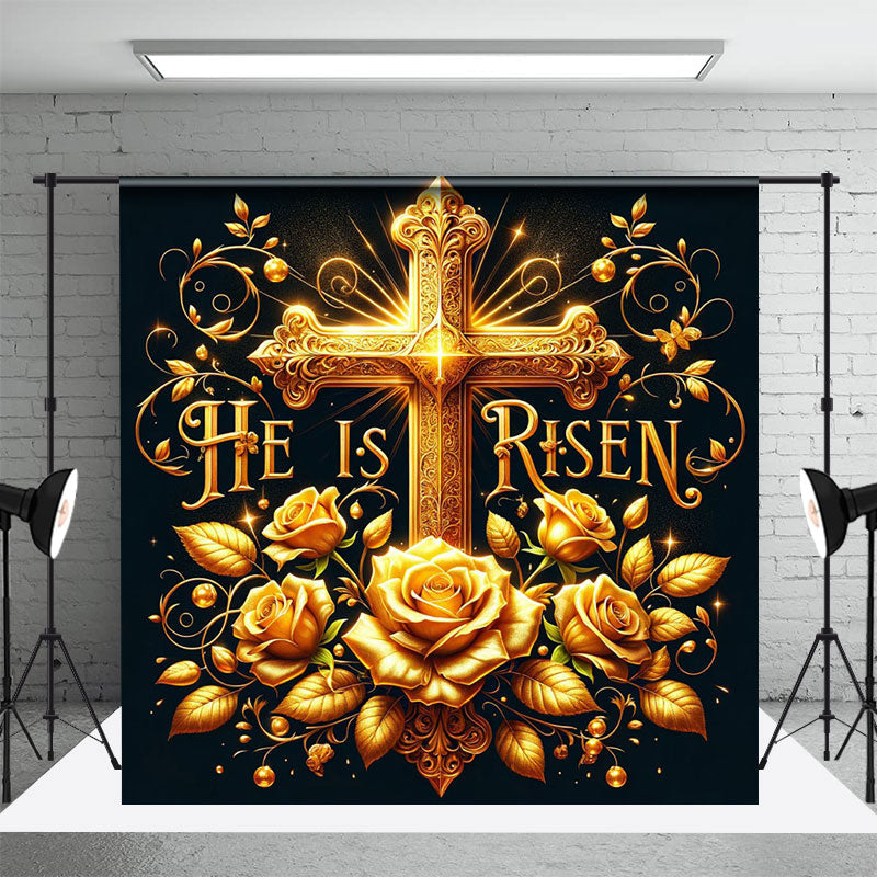 Aperturee - Aperturee Navy Gold Luxury Cross Floral Easter Photo Backdrop