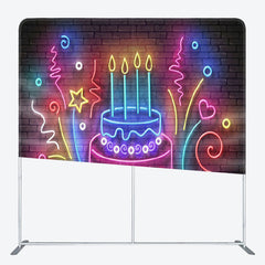 Aperturee - Aperturee Neon Birthday Cake Brick Wall Happy Birthday Backdrop