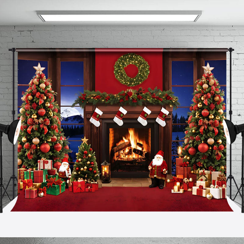 Aperturee - Aperturee Night Fireplace Xmas Trees Santa Christmas Backdrop