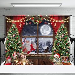 Aperturee - Aperturee Night Forest Moon Santa Window Curtain Xmas Backdrop