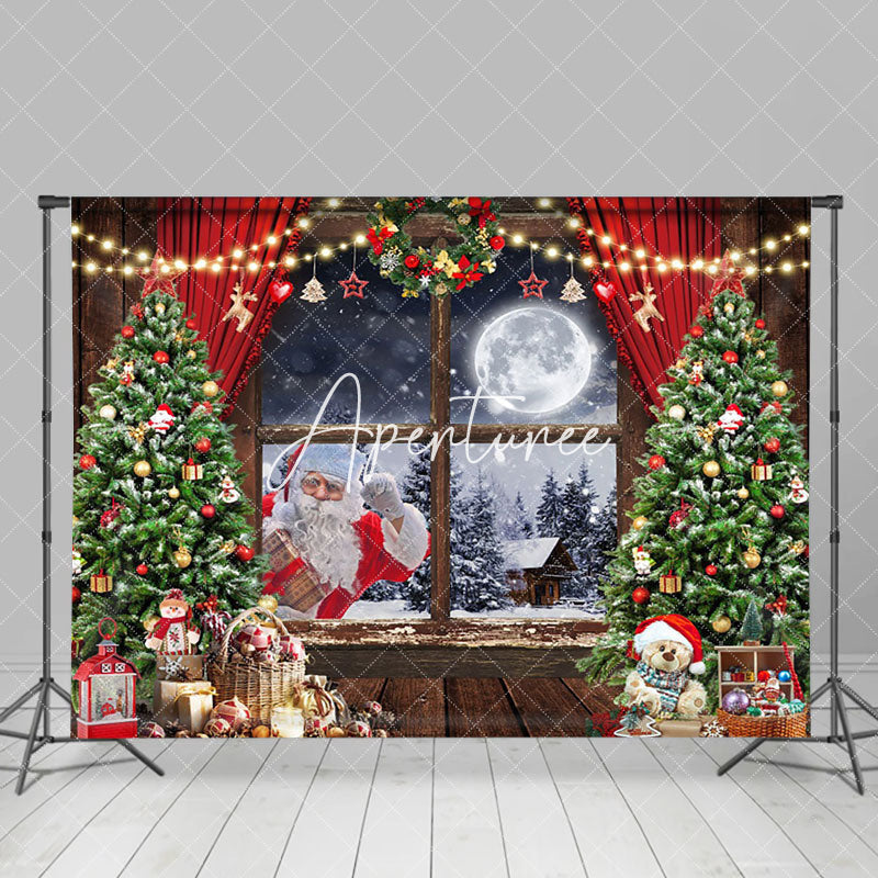 Aperturee - Aperturee Night Forest Moon Santa Window Curtain Xmas Backdrop