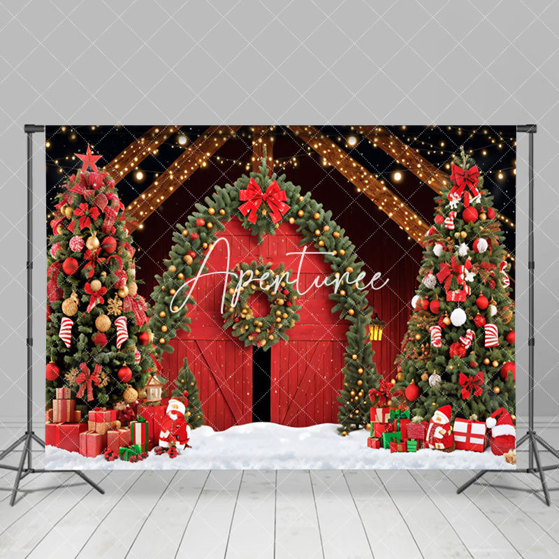 Aperturee - Aperturee Night Light Red Barn Arch Wreath Christmas Backdrop