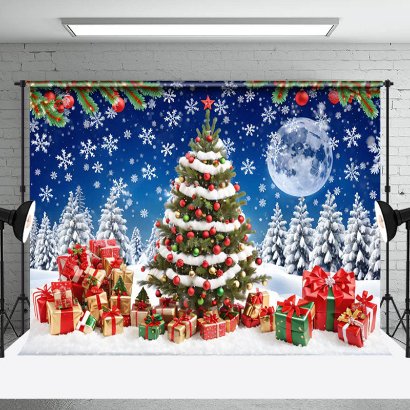 Aperturee - Aperturee Night Moon Snowflakes Gift Christmas Tree Backdrop