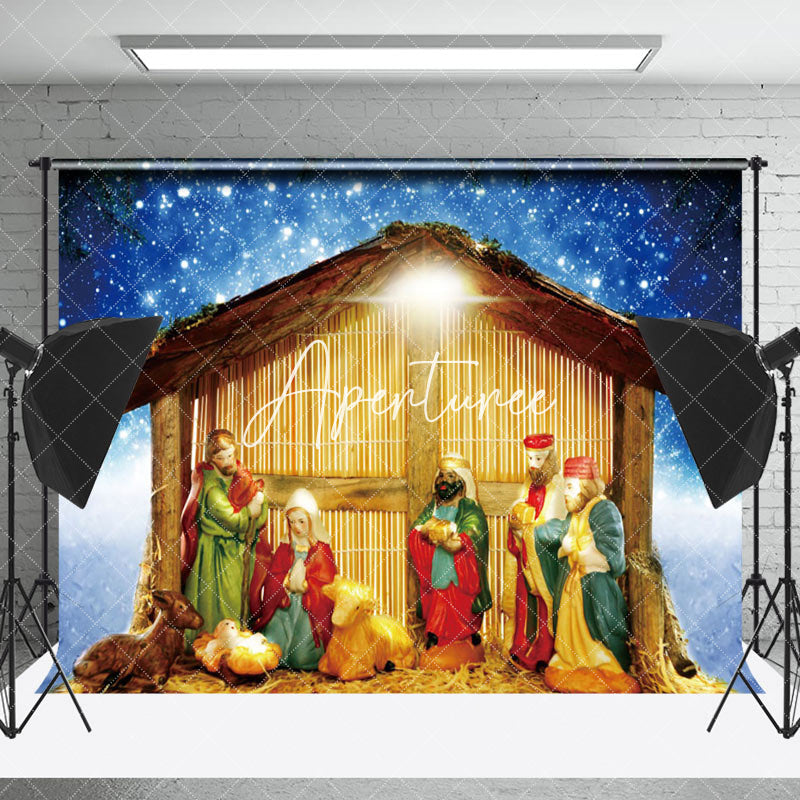 Aperturee - Aperturee Night Sky Religious Jesus Manger Christmas Backdrop