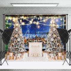 Aperturee - Aperturee Night Town Fireplace Tree Window Christmas Backdrop