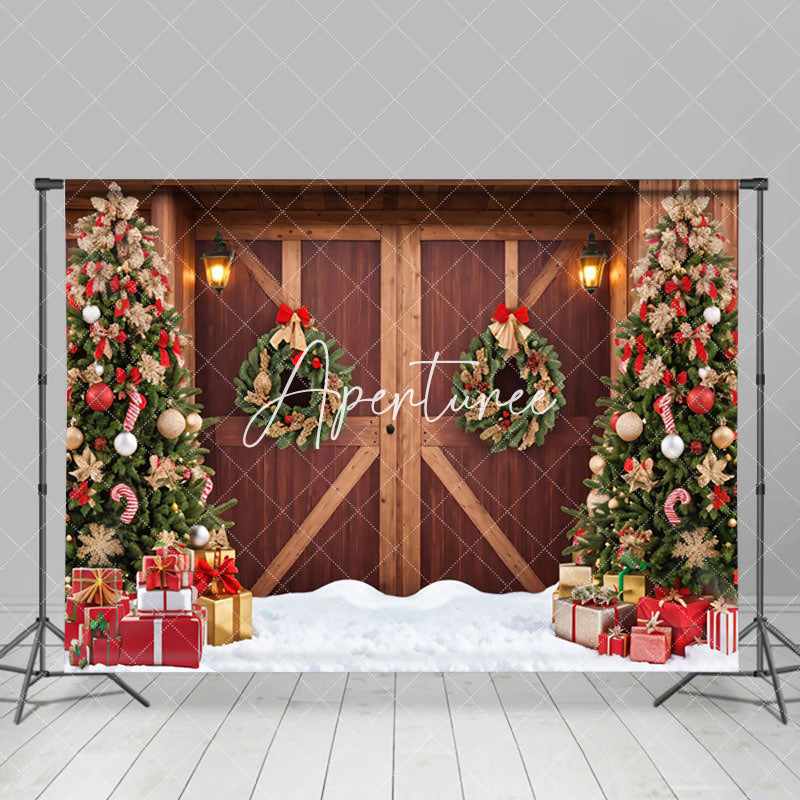 Aperturee - Aperturee Night Wooden Barn Door Xmas Tree Christmas Backdrop