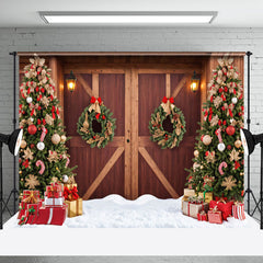 Aperturee - Aperturee Night Wooden Barn Door Xmas Tree Christmas Backdrop