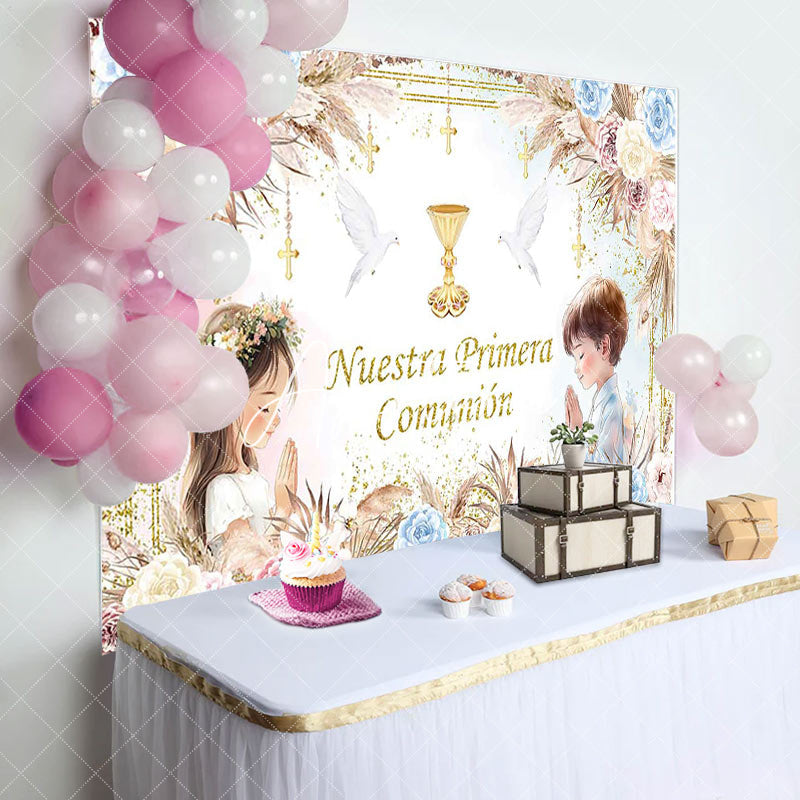 Aperturee - Aperturee Nuestra Primera Comunion Boho Floral Baptism Backdrop