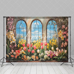 Aperturee - Aperturee Oil Painted Colorful Floral Blue Sky Window Backdrop